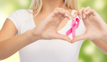 healthcare, people, charity and medicine concept - close up of young woman in blank white t-shirt with pink breast cancer awareness ribbon showing heart shape over green background