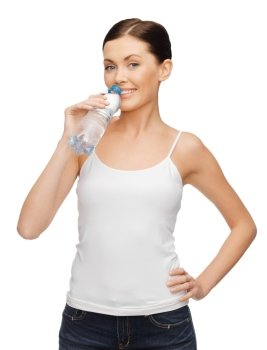 picture of woman in blank t-shirt with bottle of water