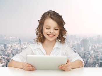 people, technology and children concept - happy smiling girl with tablet pc computer over city background