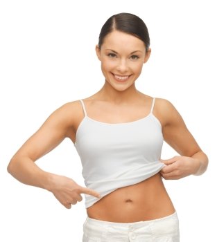 picture of woman in blank shirt showing her belly