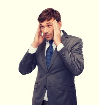 business and office, stress, problem, crisis concept - stressed buisnessman or teacher having headache