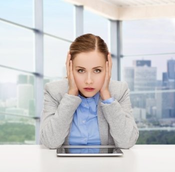 business, technology, people and crisis concept - businesswoman with tablet pc computer covering her ears over office window background