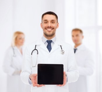 medicine, profession, and healthcare concept - smiling male doctor with tablet pc computer and stethoscope