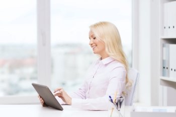 education, business and technology concept - smiling businesswoman or student with tablet pc computer in office