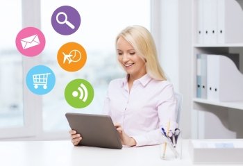 education, business and technology concept - smiling businesswoman or student with tablet pc computer and internet icons in office