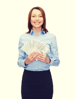 business and money concept - young businesswoman with dollar cash money