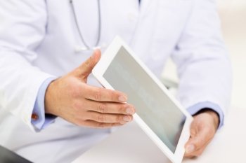 medicine, health care, people and technology concept - close up of f male doctor hands with tablet pc computer blank screen