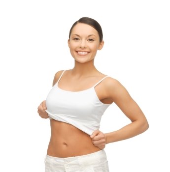 happy woman taking off  blank white t-shirt