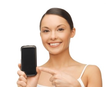 beautiful woman pointing at smartphone with sport app