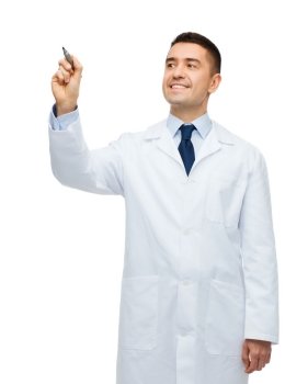 healthcare, profession, people and medicine concept - smiling male doctor in white coat writing or drawing something imaginary with marker