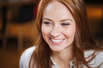 female, gender, portrait and people concept - smiling happy young redhead woman face