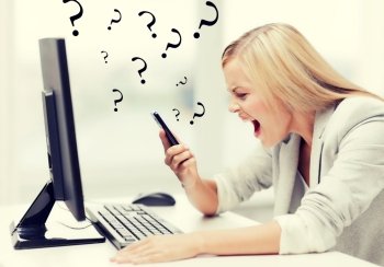 picture of angry woman shouting at phone. angry woman with phone