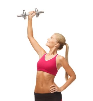 picture of young sporty woman lifting steel dumbbell