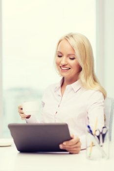 education, business, break and technology concept - smiling businesswoman or student with tablet pc computer drinking coffee in office