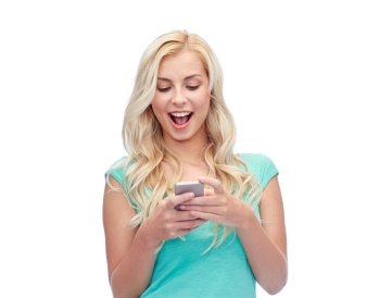 emotions, expressions, technology and people concept - smiling young woman or teenage girl texting on smartphone