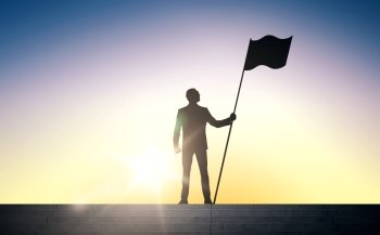 business, success, leadership, achievement and people concept - silhouette of businessman with flag standing on stairs over sun light background