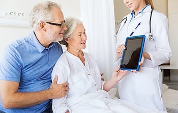 medicine, age, health care and people concept - senior woman, man and doctor with tablet pc computer at hospital ward