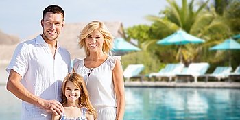 summer holidays, travel, tourism, vacation and people concept - happy family over hotel resort swimming pool and sun beds background