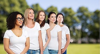friendship, diverse, body positive and people concept - group of happy different size women in white t-shirts over summer park background