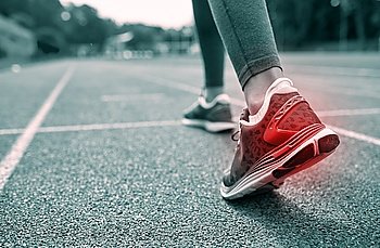 fitness, sport, sports injury, pain and people concept - monochrome close up of woman feet or legs running on track with red spot from back