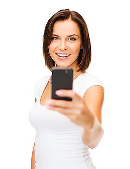business, education, technology and internet concept - happy woman with smartphone