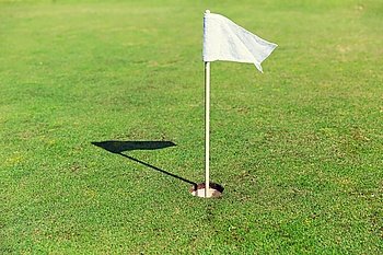 game, entertainment, sport and leisure concept - close up of flag mark in hole on golf field