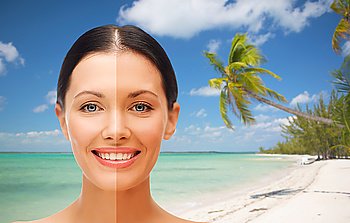 people, suntan, travel and summer holidays concept - close up of beautiful smiling woman with half face tanned over exotic tropical beach with palm trees background