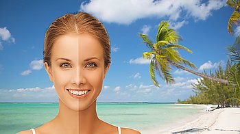 people, suntan, travel and summer holidays concept - close up of beautiful smiling woman with half face tanned over exotic tropical beach with palm trees background