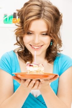 bright picture of lovely housewife with cake and candle