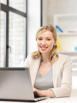 bright picture of happy woman with laptop computer