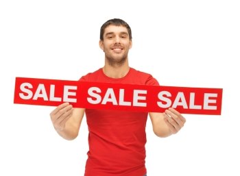 bright picture of handsome man with sale sign.