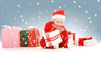 picture of santa helper baby with christmas gifts