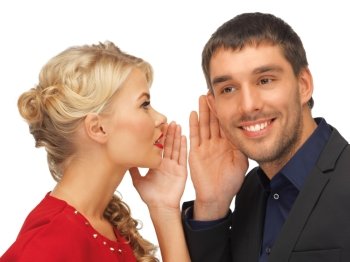 bright picture of man and woman spreading gossip (focus on man)