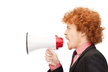 bright picture of angry man with megaphone