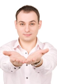 businessman showing something on the palms of his hands