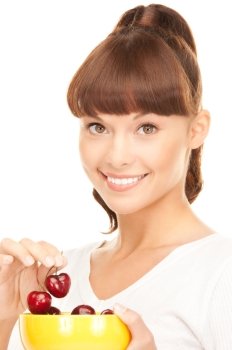 picture of lovely woman with cherries over white
