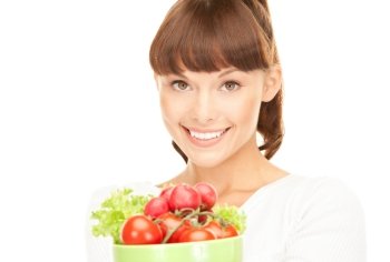 picture of beautiful housewife with vegetables over white