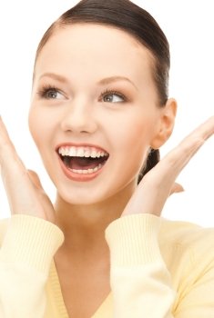 bright picture of surprised woman face over white

