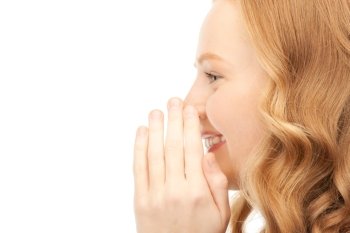 bright picture of young woman whispering gossip
