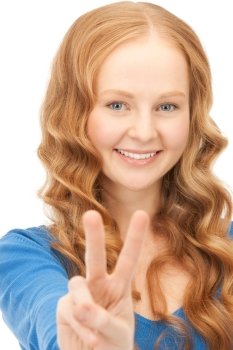 bright picture of lovely woman showing victory sign

