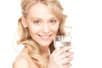 beautiful woman with glass of water over white