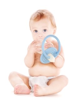 picture of baby boy with big pacifier over white