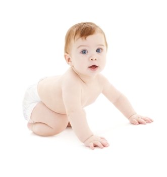 picture of crawling baby boy in diaper over white