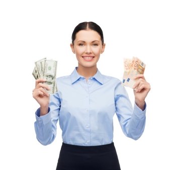 business and money concept - young businesswoman with dollar and euro cash money