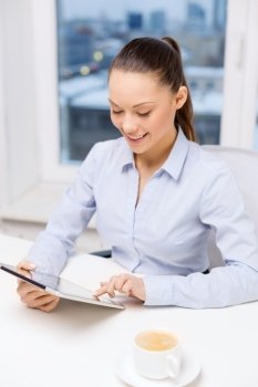 business, technology, internet and office concept - smiling businesswoman with tablet pc and coffee in office
