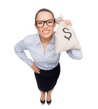 business, money and office concept - angry businesswoman in eyeglasses holding money bag with dollar