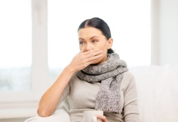 healthcare, home and medicine concept - ill woman with flu at home