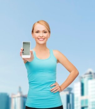 sport, excercise, technology, internet and healthcare - sporty woman with blank smartphone screen