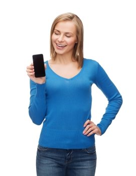 technology, internet and advertisement concept - smiling woman with black blank smartphone screen