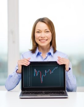 advertisement, business and technology concept - smiling businesswoman with blank black laptop screen